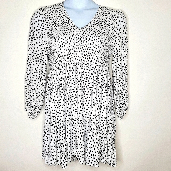 Eloquii Polka Dot Ruffle Hem Dress Size 14 Smocked Bodice Flowy V-Neck Feminine - Picture 14 of 15